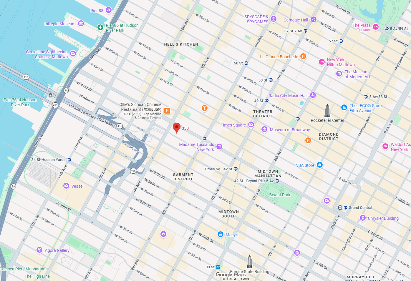 Map of Hell's Kitchen near 350 West 42nd Street